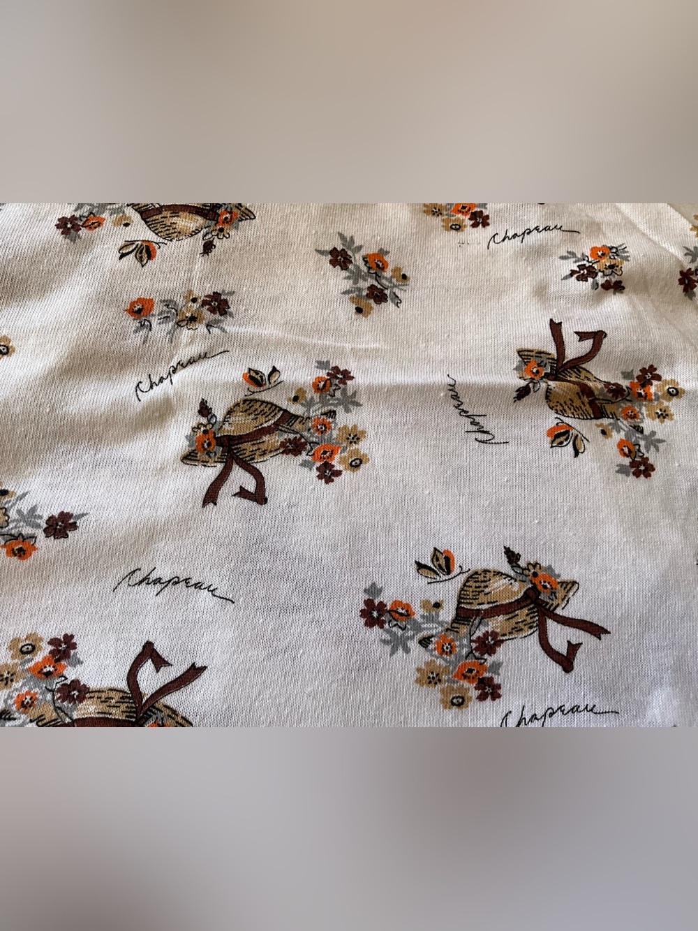 Vintage Fabric Knit French Chapeau Hat Flowers Brown Orange White 60x60